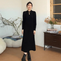 New Chinese style national wind black dress autumn and winter 2023 new women's dress in the new year with cheongsam knitted dress