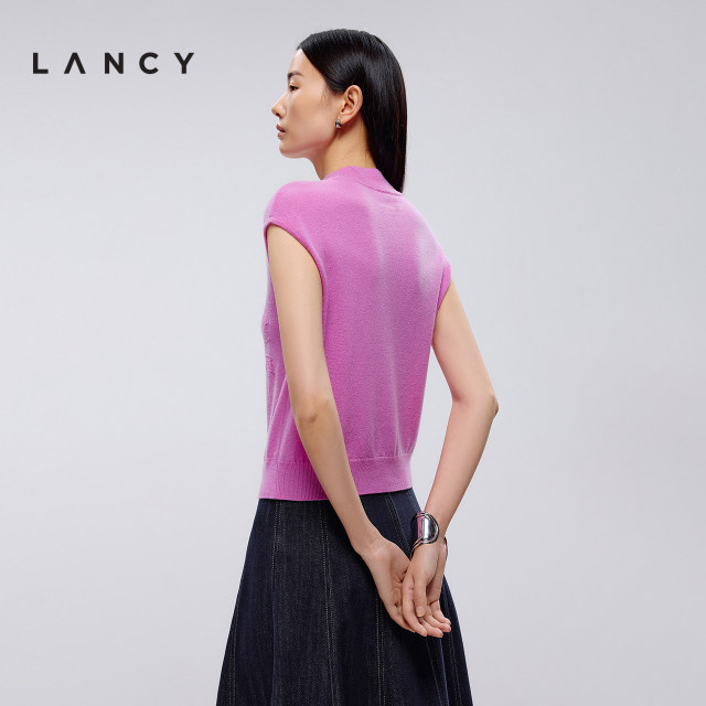 LANCY/Langzi 2025 spring new style half-high collar embroidered jacquard flying sleeve sweater sleeveless top suspender for women