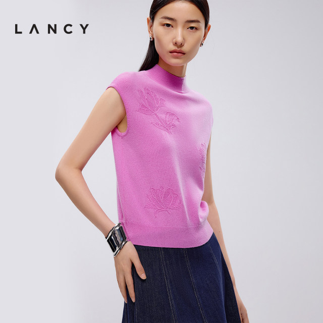 LANCY/Langzi 2025 spring new style half-high collar embroidered jacquard flying sleeve sweater sleeveless top suspender for women