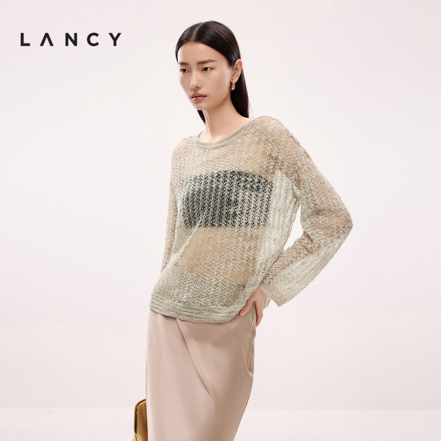 LANCY/Langzi 2025 summer new elegant hollow long-sleeved shirt perspective linen knit high-end top for women