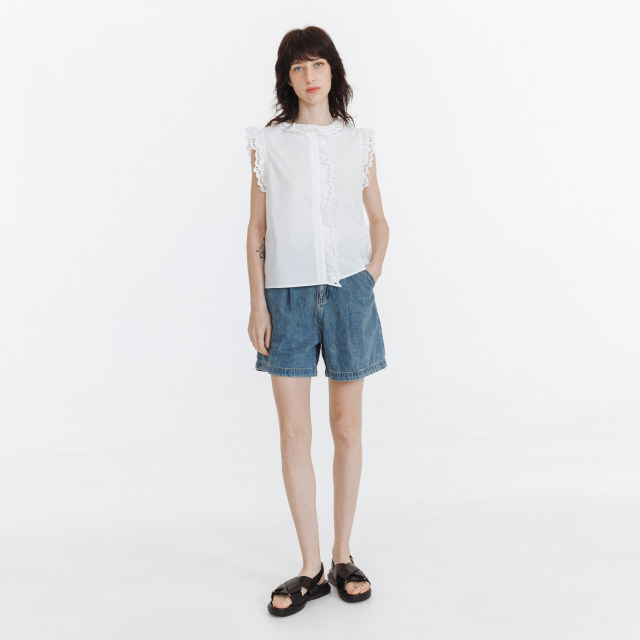 CUBIC cotton lace lace small flying sleeves simple and versatile sleeveless shirt loose casual top
