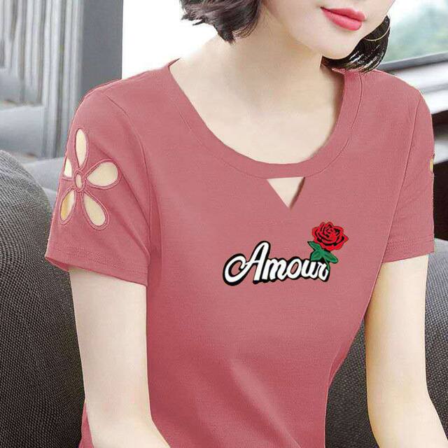 Mom's summer new pure cotton short-sleeved T-shirt for women Korean style versatile slim top embroidered slim fit large size T-shirt