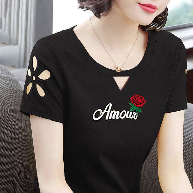 Mom's summer new pure cotton short-sleeved T-shirt for women Korean style versatile slim top embroidered slim fit large size T-shirt