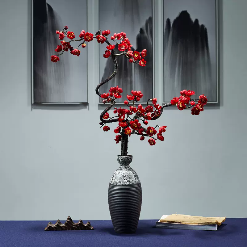 中式复古黑色陶瓷花瓶仿真花傲骨梅花枝腊梅插花室内摆件家居装饰