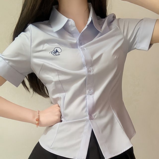 Mountain tea and book original JK college wind embroidery shirt summer slimming, thin waist, wild white blue short sleeve top
