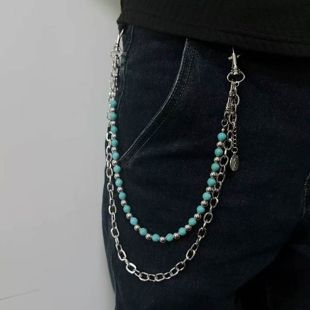 Men's and women's punk hip-hop pants chain accessories blue background black pattern hand-beaded jeans hanging accessories retro street niche trend
