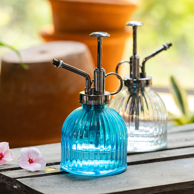 Watering can for watering flowers. Household small spray watering can. Small gardening air pressure type high-value retro glass small watering can.