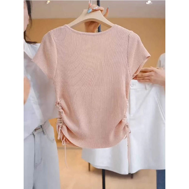 Pink ice silk knitted sweater short-sleeved T-shirt for women's summer large size slightly fat pleated waist-hugging fake two-piece tops