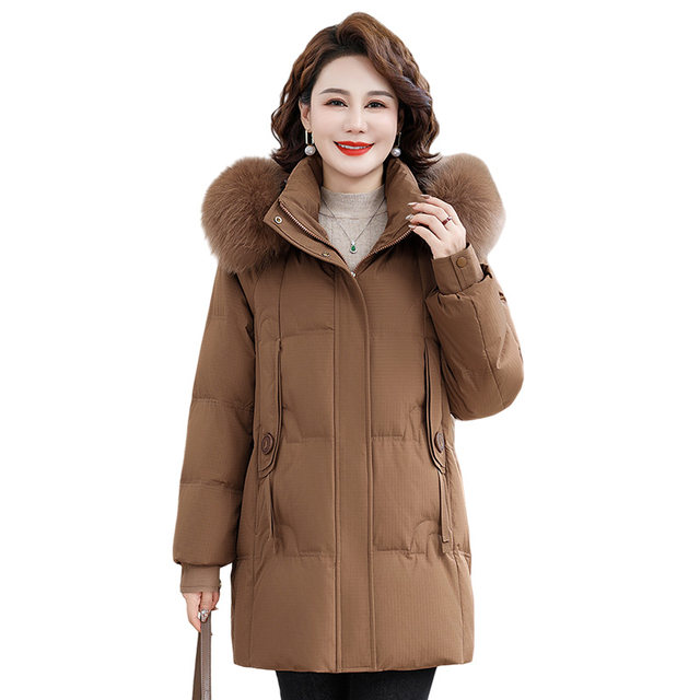 Yalu Mama Down Jacket Women's 2025 Winter New Mid-Length Style Fur Collar Thickened Jacket for Middle-aged and Elderly People