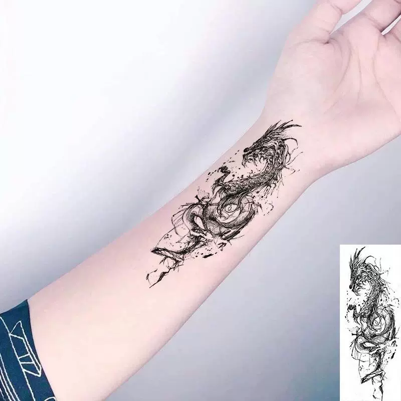 暗黑色线条青龙防水逼真纹身贴男女苍龙持久刺青色花臂小腿