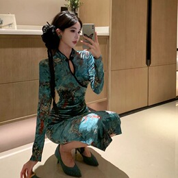 Vintage Chinese style new improved cheongsam temperament Ehime annual meeting dress body wrap hip print velvet dress