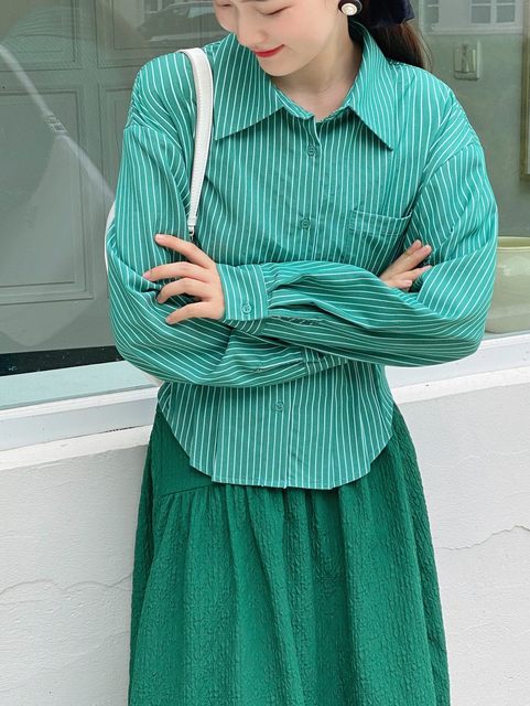 Women's green stripes single-breasted temperament waist-hugging solid color white long-sleeved lapel cardigan