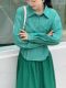 Women's green stripes single-breasted temperament waist-hugging solid color white long-sleeved lapel cardigan