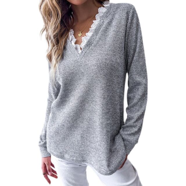 
Cross-border Amazon 2021 autumn European and American new white lace v-neck light gray long-sleeved T-shirt loose top for women