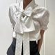 TE shushu French bow sweet polka dot satin shirt versatile slim temperament puff sleeve top for women