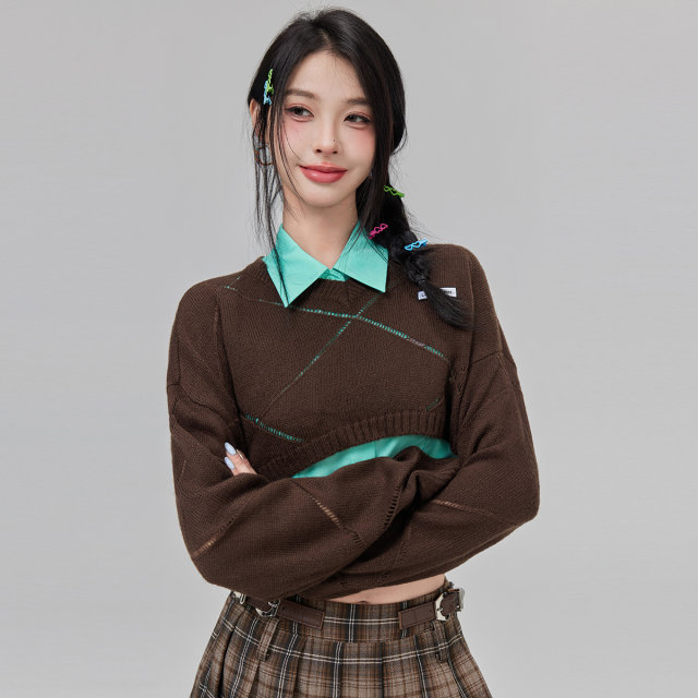 La Crawfish Korean Mahai Mao Ling -shaped hollow knit sweaters hot girl cut off waist sweater female winter