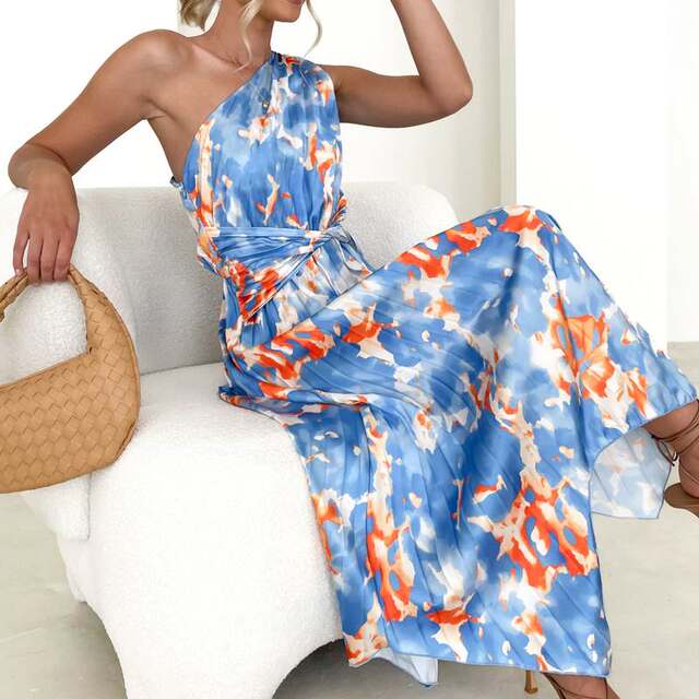European and American temperament cocktail party slant collar one-shoulder party dress irregular sleeveless waist pleated satin long skirt for women