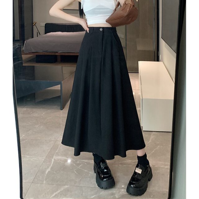Rice white suit fabric skirt women's summer versatile leisure A -line skirt high waist slimming middle long skirt
