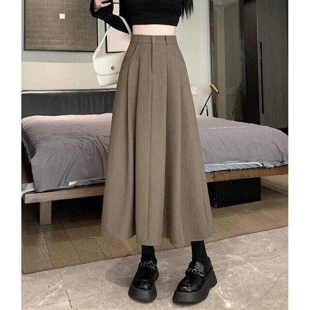 Rice white suit fabric skirt women's summer versatile leisure A -line skirt high waist slimming middle long skirt

