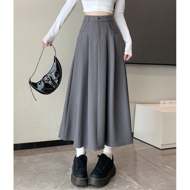 Rice white suit fabric skirt women's summer versatile leisure A -line skirt high waist slimming middle long skirt
