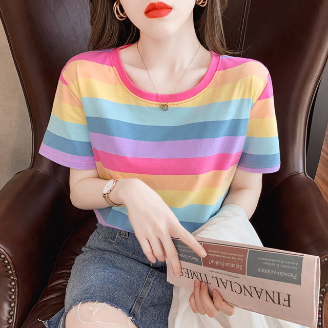2024 summer new ins loose pure cotton rainbow striped short-sleeved T-shirt for women half-sleeved tops to make them look slim T-shirt trendy