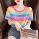 2024 summer new ins loose pure cotton rainbow striped short-sleeved T-shirt for women half-sleeved tops to make them look slim T-shirt trendy