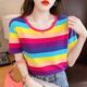 2024 summer new ins loose pure cotton rainbow striped short-sleeved T-shirt for women half-sleeved tops to make them look slim T-shirt trendy