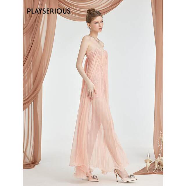 
Sheer Luck New Summer Thea Dress Women's Off-Shoulder Mesh Pleated Strapbreast Dress Seaside Vacation