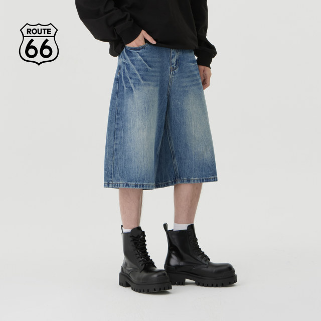 
Route66/66 Summer Crack Denim Shorts Men's American Retro Cropped Pants Summer Wide Legs