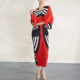 Miyake pleated high-end dress for women 2024 spring and autumn new retro printed large-size 7-quarter sleeve V-neck midi skirt
