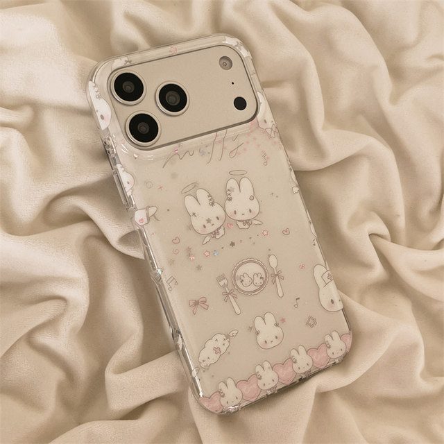 Single shell Japanese and Korean graffiti white tableware rabbit with plush lanyard suitable for Apple 17promax mobile phone case cute iPhone16 new 15 anti-fall 14pro women's 13 mobile phone case hard case