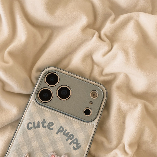 Single shell blue plaid embroidery puppy suitable for Apple 17promax mobile phone case cartoon autumn and winter iPhone16 new 15 anti-fall 14pro female model 13 cute milky mobile phone case hard case