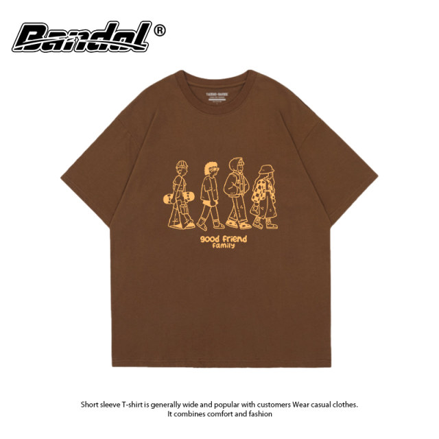 Japanese ins street style versatile trendy brand cartoon printed black round neck large size neutral style short-sleeved T-shirt for women