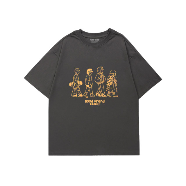 Japanese ins street style versatile trendy brand cartoon printed black round neck large size neutral style short-sleeved T-shirt for women