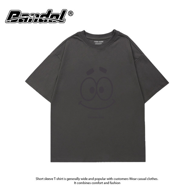 Korean version simple and versatile gray round neck cartoon print ins super hot trendy brand large size loose white and age-reducing base
