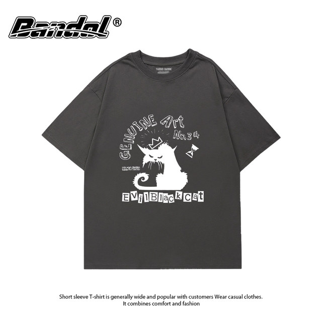 Spring and Autumn new style ins American street personalized creative print versatile cartoon black round neck large size short-sleeved T-shirt for women