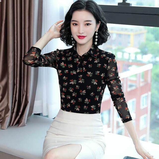 Autumn floral top female long -sleeved new large -size large -size lapel mesh bottoming shirt waist slim T -shirt small shirt minimalist
