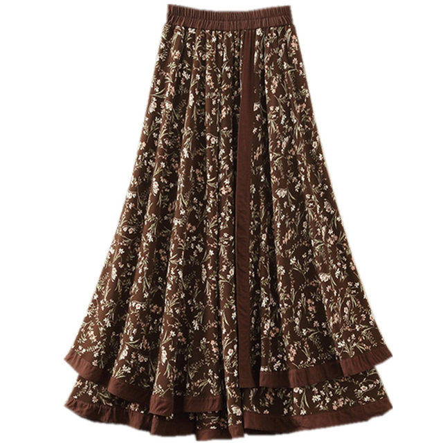 Retro national wind floral skirt female spring and summer new high -waisted large stitching irregular mid -length A -line skirt
