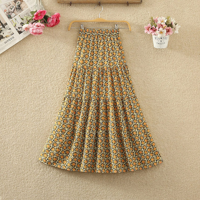 Retro floral chiffon skirt for women in spring and summer new elastic high waist slimming mid-length splicing A-line skirt