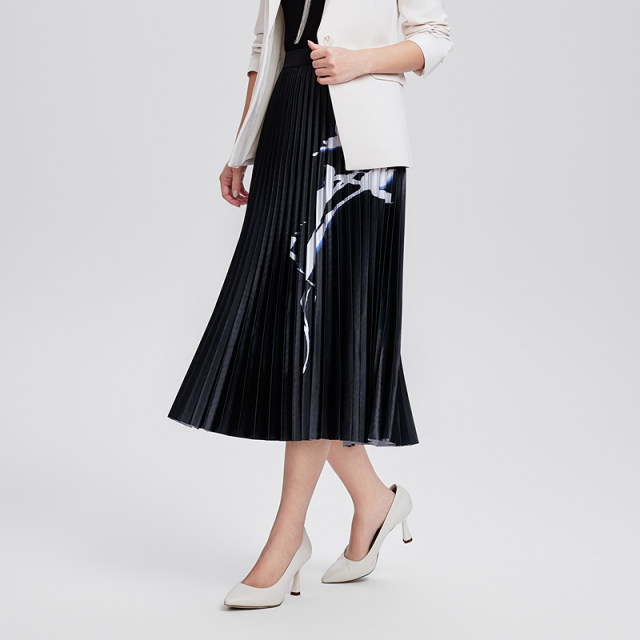 Yingzhishang new Chinese printed skirt spring new black slim high-end and elegant commuter pleated skirt