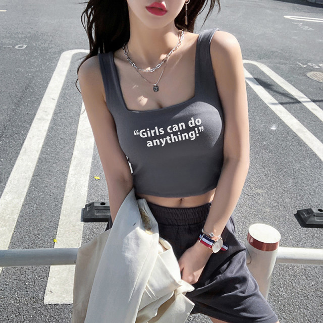 Letter Print Black Sports Vest Women's Summer Slim Jazz Dance Sexy I-Class Square Collar Wide Shoulder Strap Strap