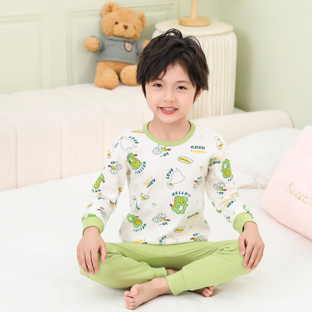 Boys' autumn clothes and long trousers set, pure cotton, children's pure cotton baby bottoming thermal underwear, boys' linen clothes, type A pajamas