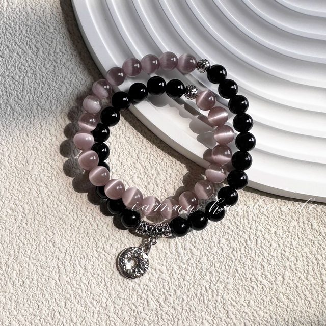 {Mo Yan} New Chinese style natural obsidian cat's eye transport beads energy beaded double circle bracelet