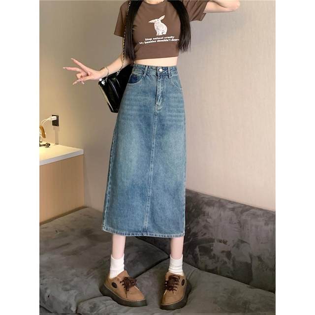 2025 rear slit high waist denim skirt for women in spring and autumn new style old hip-packing and slimming half-body mid-length skirt