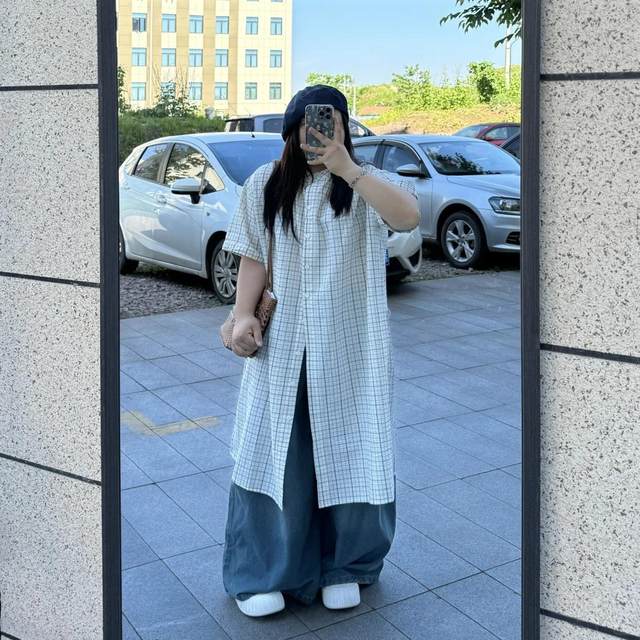 Fat potato large size kid Korean long-sleeved plaid long over-knee design shirt autumn new temperament niche top
