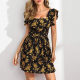Short Sleeve Square Neck Floral Dress Short Sleeve Tightening Square Collar Floral A-line Skirt Summer