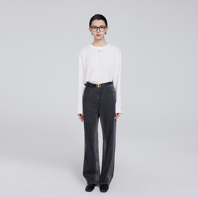 DEMMOV lemon white long-sleeved T-shirt for women in women's autumn new letter logo round neck cotton base inner
