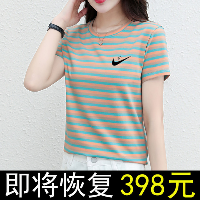 Round neck short-sleeved T-shirt for women's pure cotton 2025 summer new striped loose slim base shirt