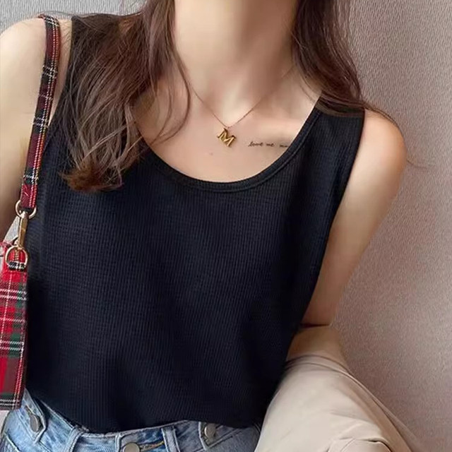 Large size white waffle suspender vest for women 2025 new fat mm wear outside and inside casual sleeveless base top