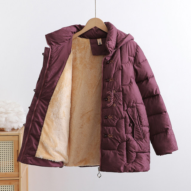 Mother's Winter Cotton Clothes Hooded and Velvet Thickened Embroidered Cotton Clothes 2025 New National Style Warm Cotton Jackets Grandma's Style